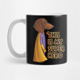 Superhero Doxie Dog with cape on Dachshund Super Dog with Yellow Cape tee Mug